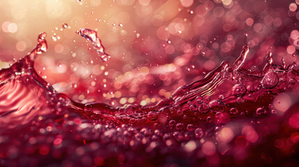 Vibrant abstract close-up of red liquid splash. Detailed water droplets in motion, illuminated by bokeh lights. Captivating and dynamic composition.