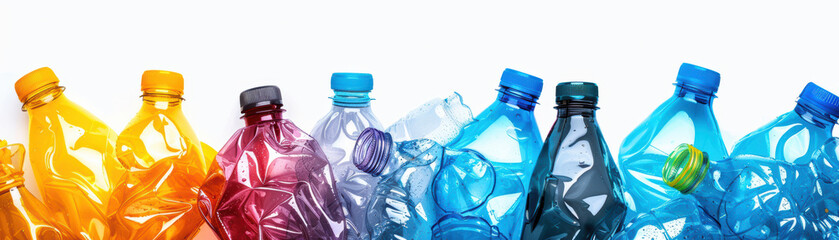 Colorful collection of crumpled plastic bottles in a row, isolated on white background, highlighting waste and recycling concepts in an environmental context.