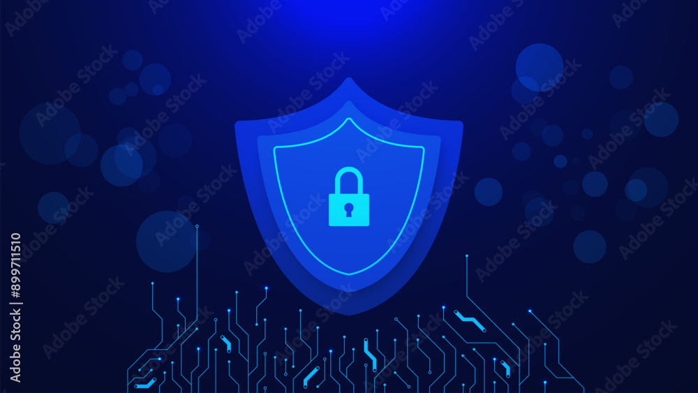 Poster network security system with shield, padlock and circuit board. secure technology service, cyber shi