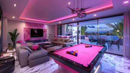 Modern Interior Design with Pool Table and Balcony View