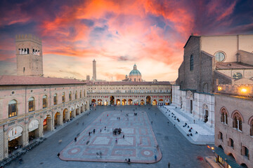 Bologna. Medieval city in Emilia Romagna in Italy Europe. Art and culture. Tourists from all over the world for Piazza Maggiore, Via Indipendenza, the leaning towers and the oldest university © xamnex