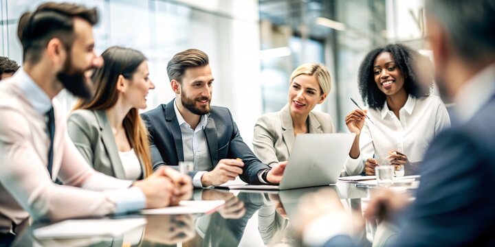A group of happy, professional businesspeople from diverse backgrounds are sitting together at a meeting table in a modern office space. 