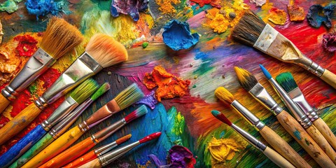Fototapeta premium Close-up view of a vibrant Expressionism-style painting surrounded by various paintbrushes, artistic, colorful