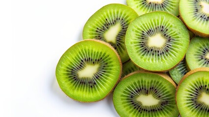 Fototapeta premium Slices of ripe and juicy kiwi fruit on a white background , kiwi, fruit, tropical, fresh, green, slices, healthy, vibrant, delicious