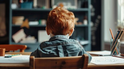 child drawing with pencils on a sheet of paper, view from the back