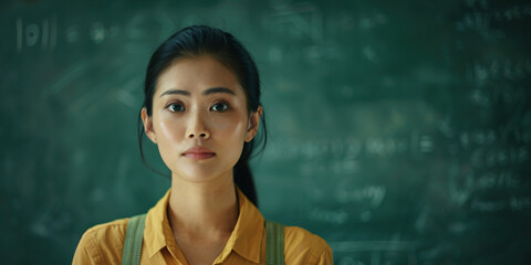 A portrait of a young asian woman standing in front of a chalkboard with mathematical equations written on it.