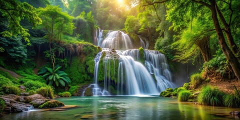 Fototapeta premium A beautiful waterfall cascading through lush greenery in a peaceful forest setting, waterfall, forest, nature, greenery, cascade