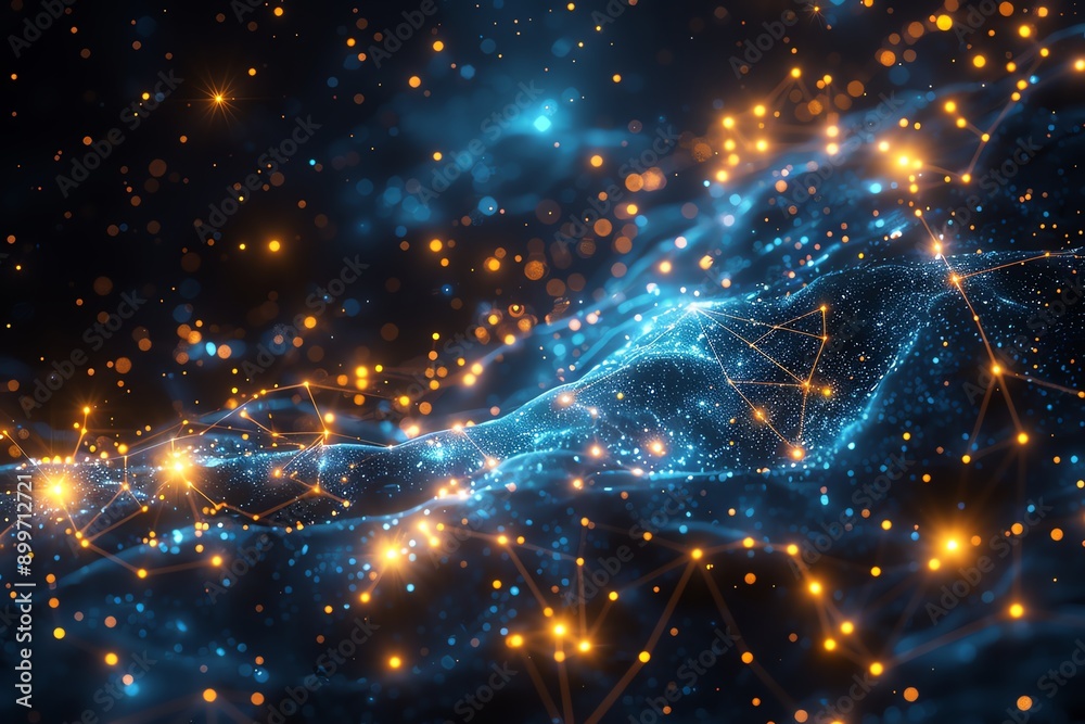 Aufkleber Abstract visualization of a digital network with glowing nodes and interconnected lines against a dark background