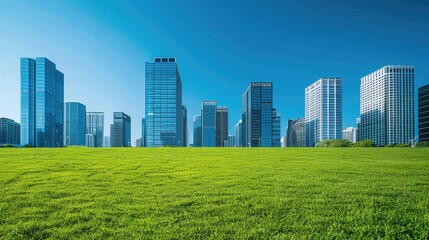 Obraz premium A clear blue sky above tall company buildings lined up in the middle, with short green grass in the front, and no people present.