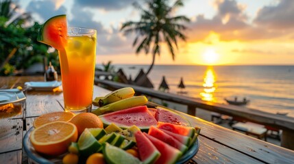 Obraz premium colorful fruit platter on the table of an outdoor restaurant