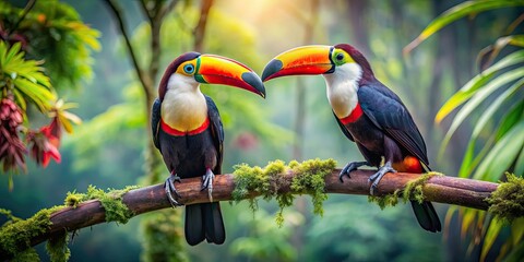 Fototapeta premium Two colorful Toucan birds perched on a thick branch in a lush forest setting, Toucan, birds, branch, forest, wildlife, colorful