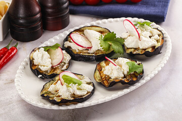 Grilled eggplant with cheese and radish
