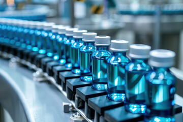 Conveyor belt with blue liquid bottles in a modern pharmaceutical manufacturing facility, representing technology and precision in medicine production.