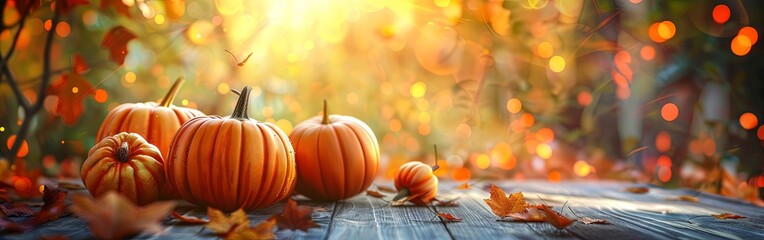 Autumn Harvest Glowing Pumpkins on Rustic Wooden Table