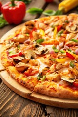 Delicious Chicken Pizza Freshly Served on a Wooden Table With Colorful Vegetables