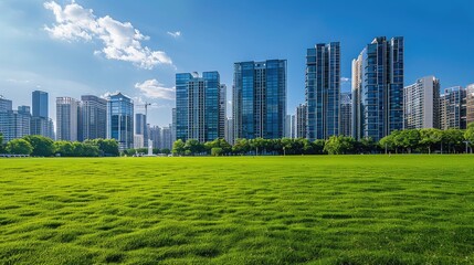 Fototapeta premium A picturesque scene of tall company buildings under a blue sky, framed by short green grass in the front, with an absence of people.
