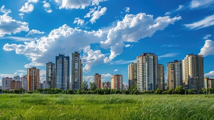Fototapeta premium A picturesque scene of tall company buildings under a blue sky, framed by short green grass in the front, with an absence of people.