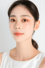 Portrait of a Young Woman with Clear Skin and Elegant Makeup, Featuring Natural and Subtle Beauty