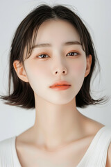 Portrait of a Young Woman with Clear Skin and Elegant Makeup, Featuring Natural and Subtle Beauty