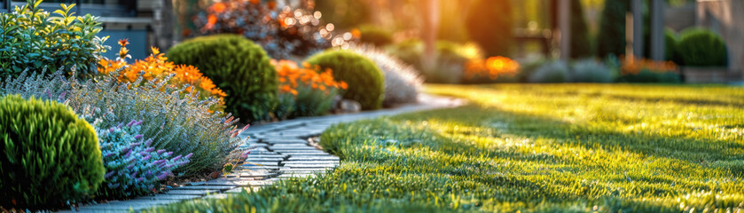 Beautiful backyard garden with vibrant flowers, green lawn, and a stone path leading through lush foliage, capturing the essence of summer serenity.