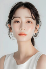 Fototapeta premium Portrait of a Young Woman with Clear Skin and Elegant Makeup, Featuring Natural and Subtle Beauty