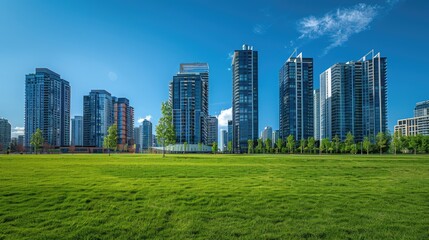 Obraz premium A row of tall business buildings stands against a blue sky, with a foreground of short green grass and no people.