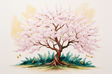 Majestic sakura tree with soft pink blossoms against a serene blue sky, evoking peace and harmony with nature.