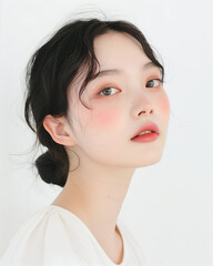 Portrait of a Young Woman with Clear Skin and Elegant Makeup, Featuring Natural and Subtle Beauty