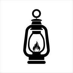 Vintage camping lantern silhouette isolated on white background. Retro gas lamp with burning wick. Flat tourist oil lantern outline vector illustration.