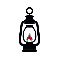 Vintage camping lantern silhouette isolated on white background. Retro gas lamp with burning wick. Flat tourist oil lantern outline vector illustration.