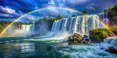 Rainbow arching over a cascading waterfall , nature, vibrant, colorful, serene, beauty, landscape, scenic, flowing, water