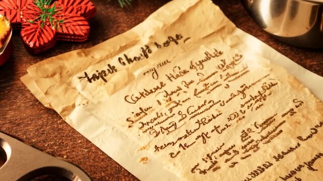 A handwritten recipe sits on a wooden table, surrounded by festive decorations and baking tools, evoking a warm holiday atmosphere