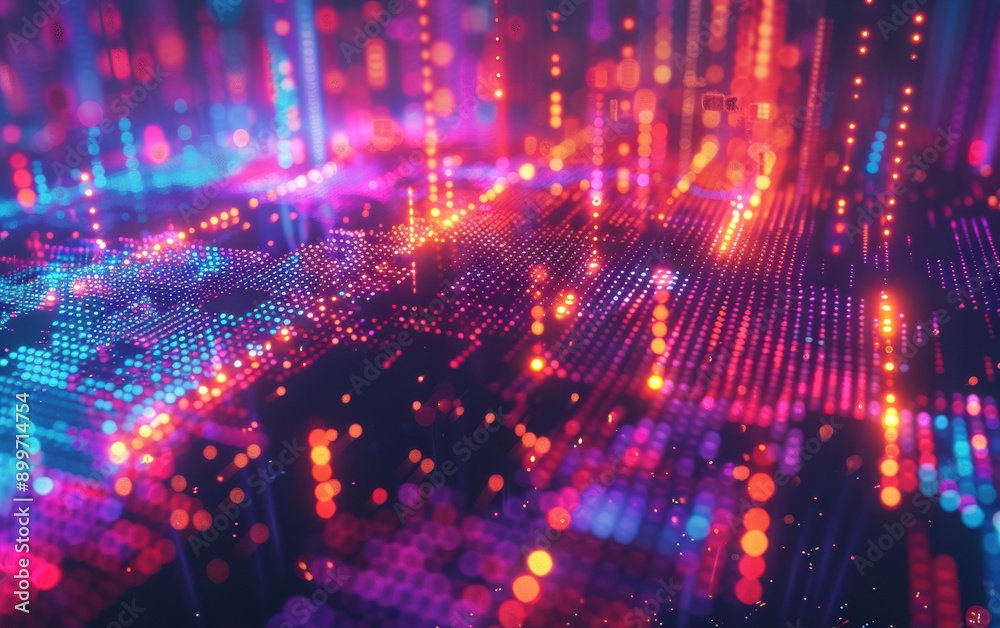 Wall mural vibrant digital landscape with glowing colorful lights and geometric patterns, representing data net