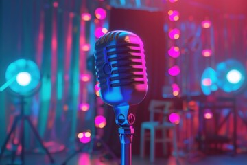 3D microphone illustration, with colorful, blue and pink light background