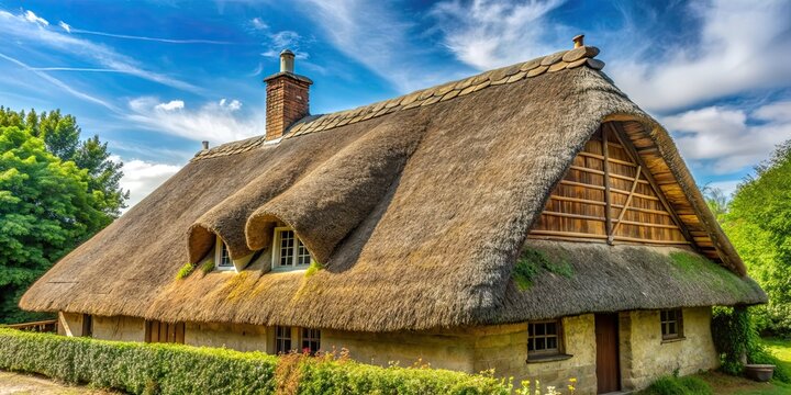 Rustic thatched roof of a chaume house, rustic, thatched roof, chaume, traditional, countryside, architecture, France, European
