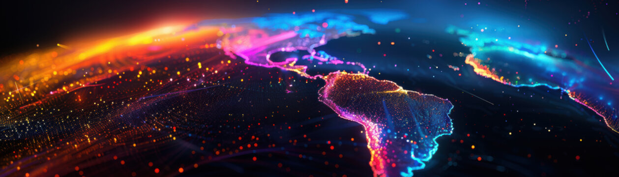 A vibrant digital rendering of Earth showcasing colorful lights and data flows, representing modern technology, connectivity, and global communication.