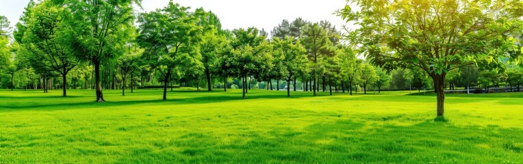 Morning Sunlight Illuminates Green Meadow With Lush Trees