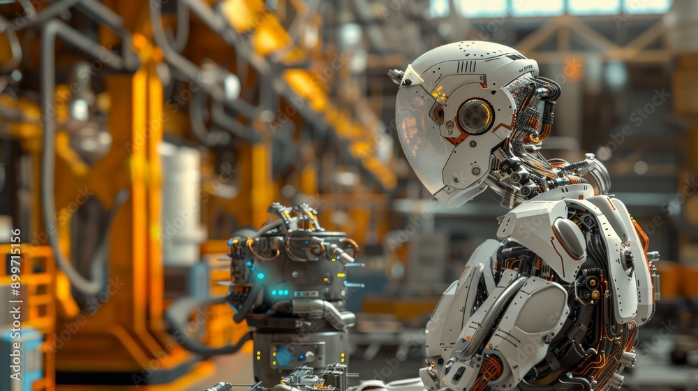 Aufkleber Advanced humanoid robot in an industrial setting. Depicting cutting-edge robotics and AI integration.