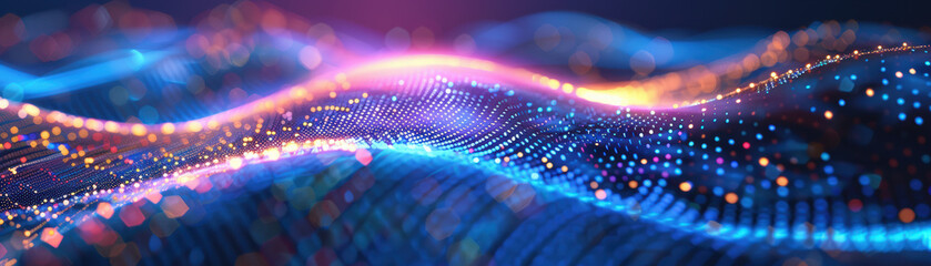 A vibrant wave of illuminated particles creating a dynamic, futuristic visual effect, showcasing vibrant colors and flowing patterns.