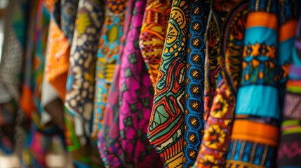 A row of vibrant traditional sweaters hangs in a market.