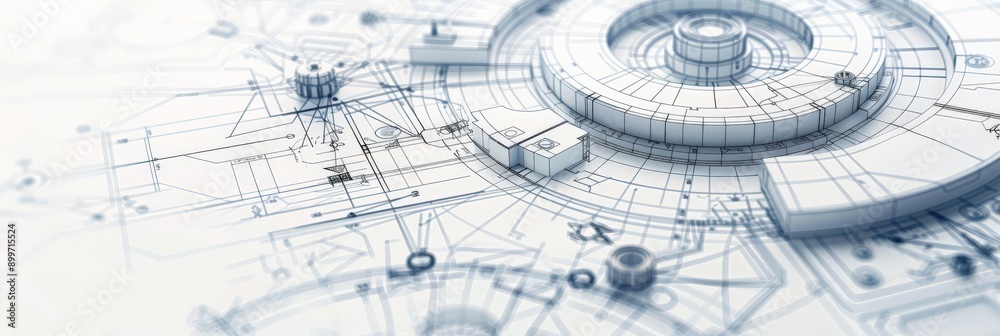 Fototapete abstract technical blueprint with mechanical and industrial design elements in a light blue and whit