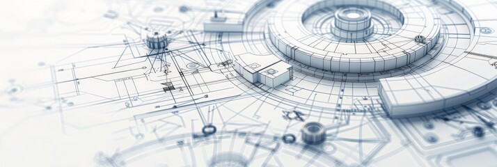 Abstract technical blueprint with mechanical and industrial design elements in a light blue and white color scheme. Ideal for engineering and construction concepts.