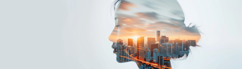 Fototapeta premium A creative double exposure image combining a woman's profile with a city skyline at sunset, symbolizing inspiration and dreams.