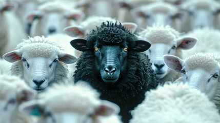 Black sheep standing out in a crowd of white sheep, symbolizing uniqueness and individuality.