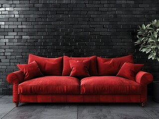 Red Velvet Sofa Against Black Brick Wall