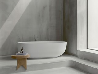 Modern Minimalist Bathroom Featuring Oval Freestanding Bathtub and Natural Light