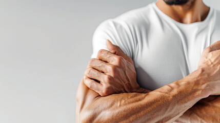 Close-up of a muscular arm crossing over a white t-shirt, showcasing strength and fitness against a neutral background.