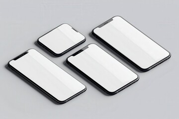 Smartphone Mockup: Four sleek smartphones in various sizes lay flat against a minimalist gray background.  Perfect for showcasing your app or website design.  Use this image to create a professional a