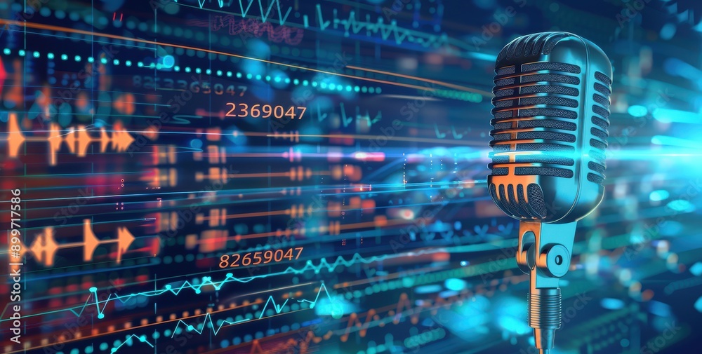 Wall mural microphone on blue background with sound waves and digital data.