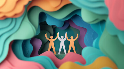 Colorful abstract paper art showcasing three figures celebrating unity and teamwork in a vibrant, layered environment.